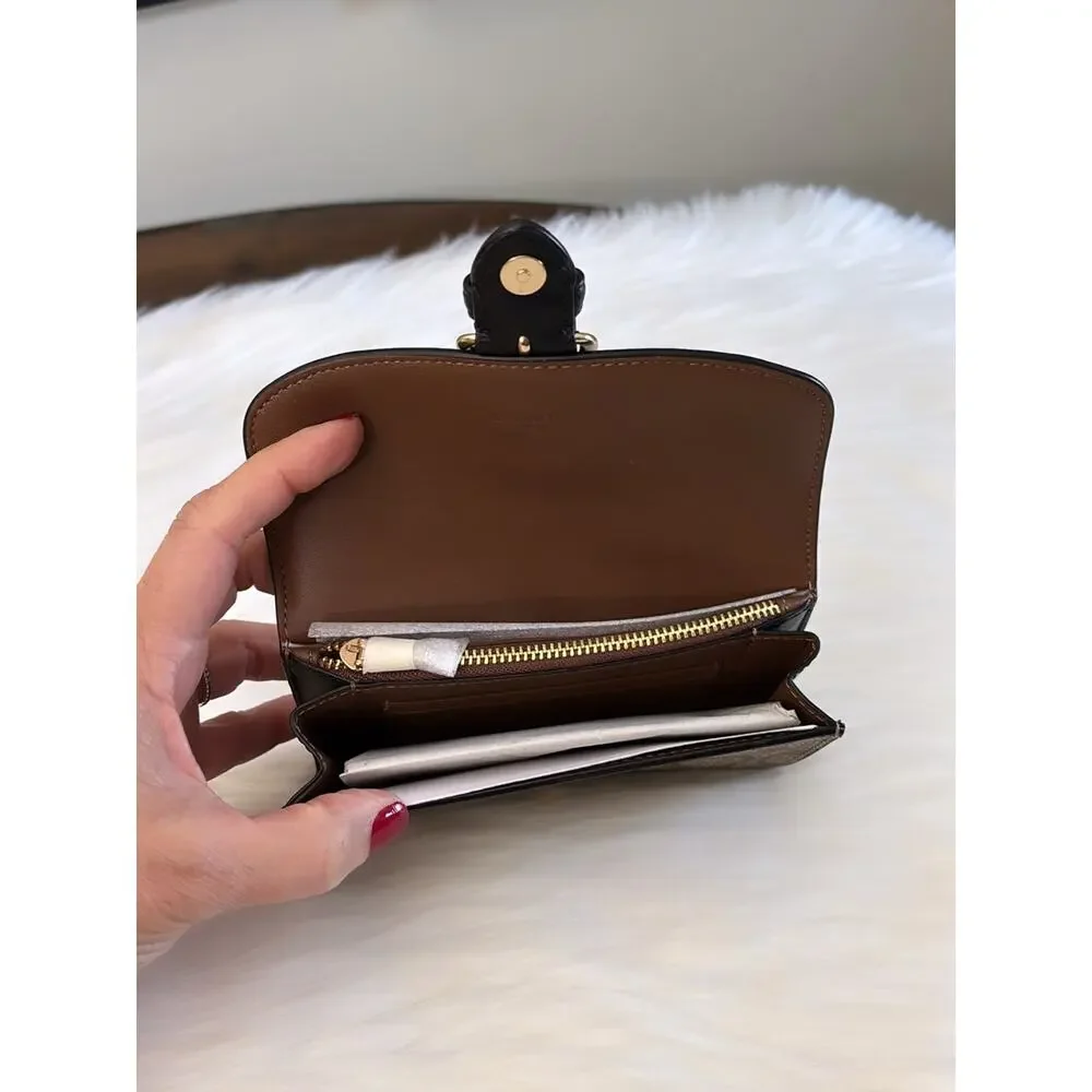 Coach Brown and Black Signature Canvas Wallet with Gold Buckle